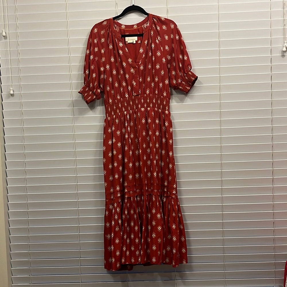 Anthropologie dress size S w/ smocked waist & sleeves and tiered skirt.